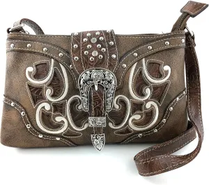 Justin West Western Tooled Laser Cut Rhinestone Buckle Messenger Bag Purse with Long Crossbody Strap