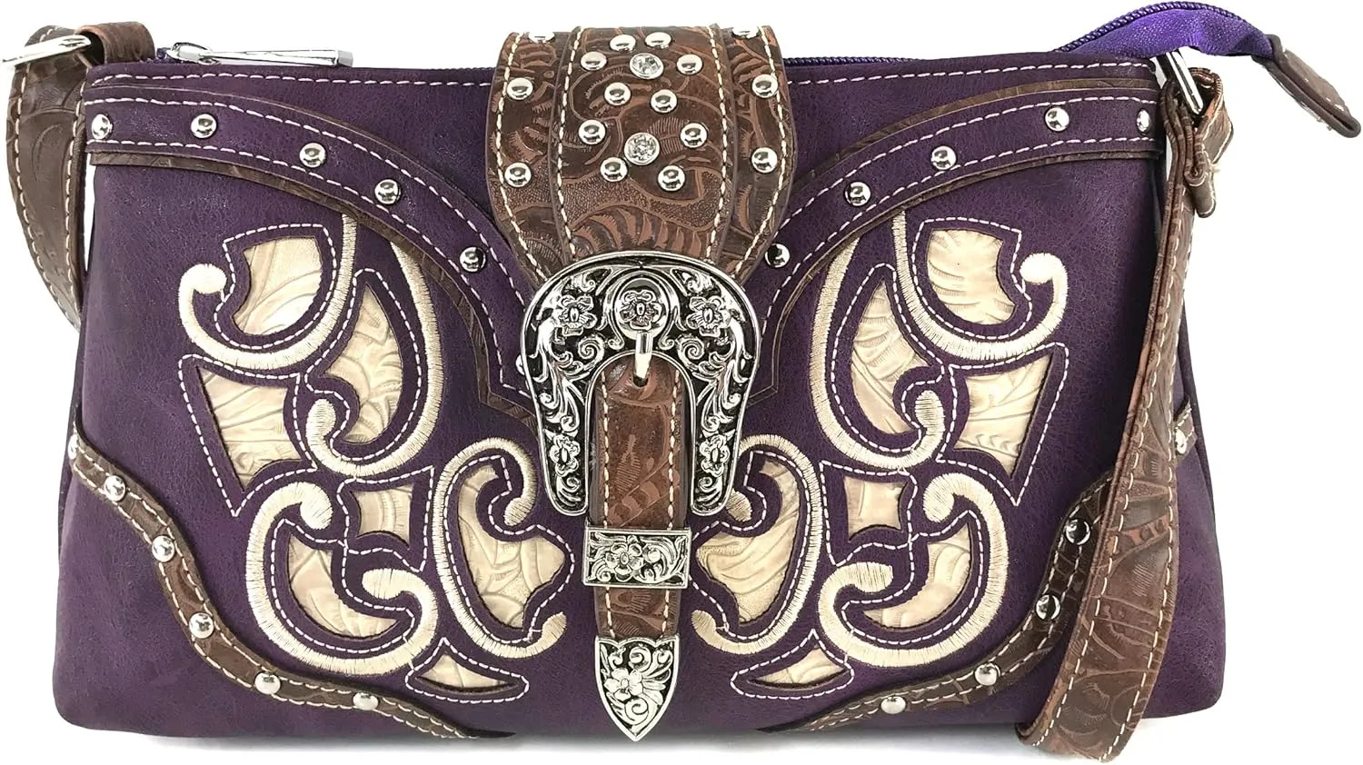 Justin West Western Tooled Laser Cut Rhinestone Buckle Messenger Bag Purse with Long Crossbody Strap
