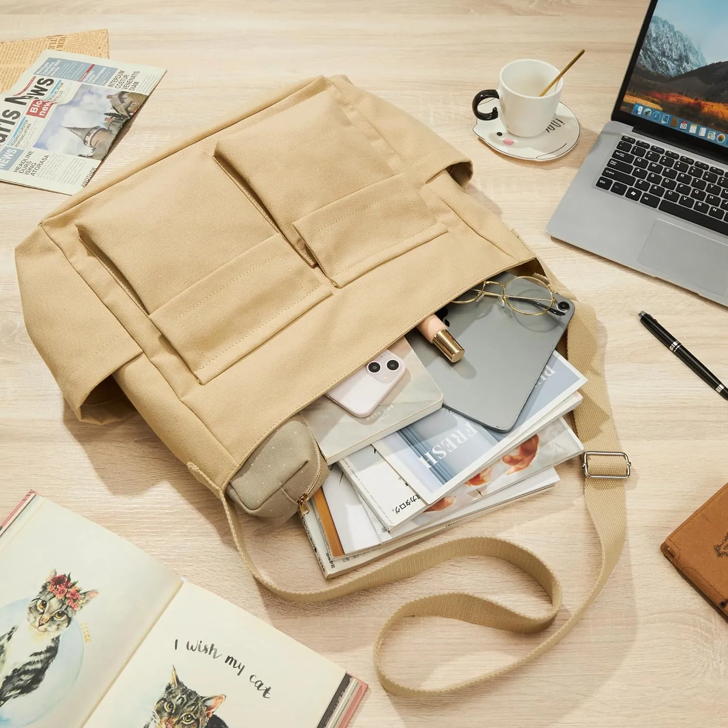 KALIDI Canvas Tote Bag Messenger Bag, Large Crossbody Bag for Women or Men, Casual Canvas Shoulder Bag for College Work Daily