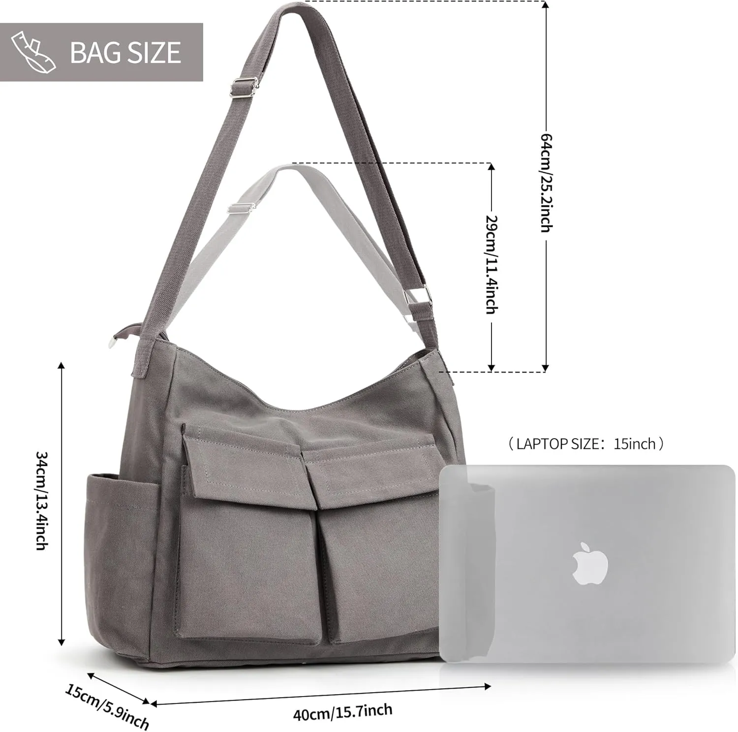 KALIDI Canvas Tote Bag Messenger Bag, Large Crossbody Bag for Women or Men, Casual Canvas Shoulder Bag for College Work Daily