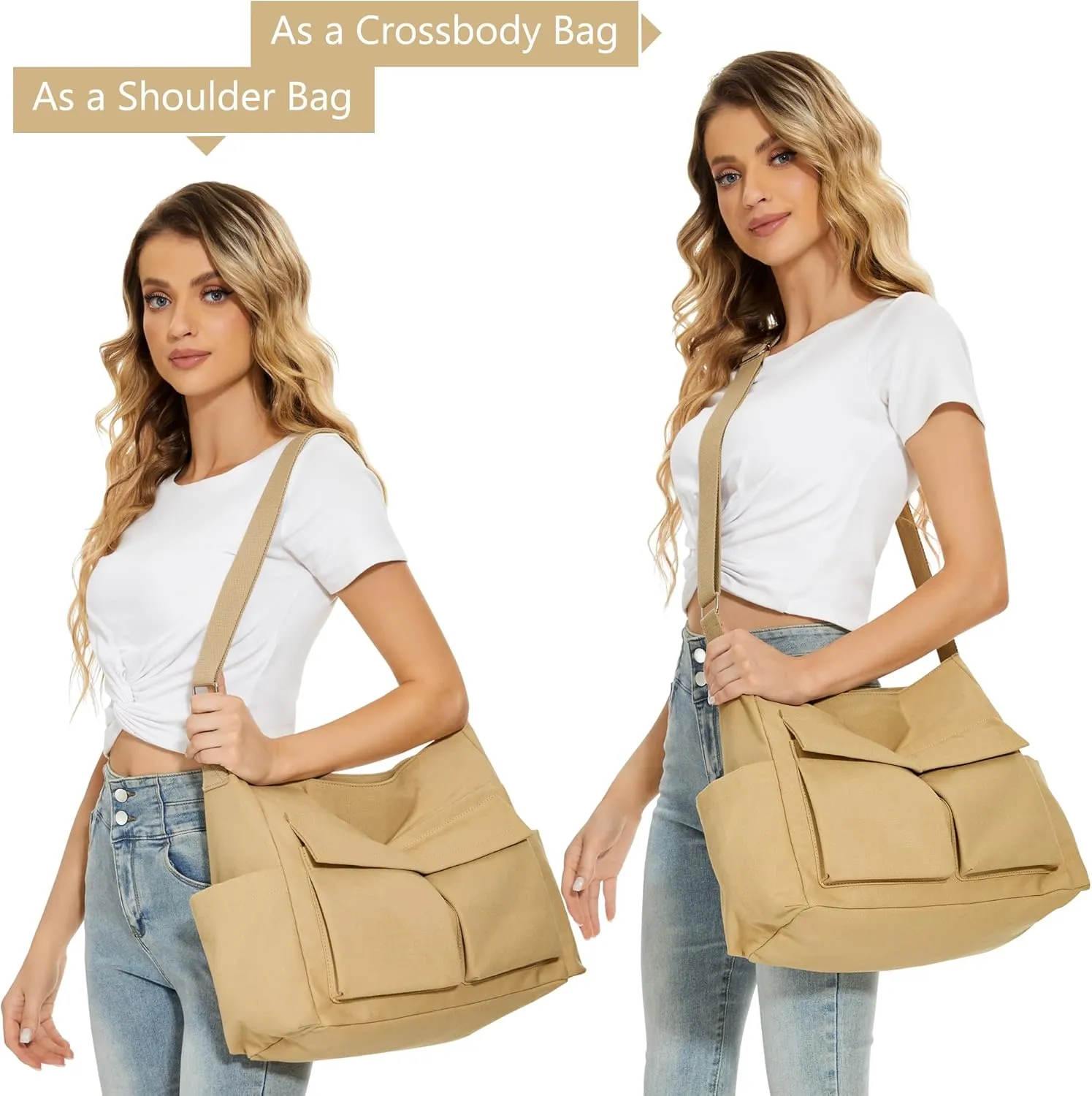 KALIDI Canvas Tote Bag Messenger Bag, Large Crossbody Bag for Women or Men, Casual Canvas Shoulder Bag for College Work Daily