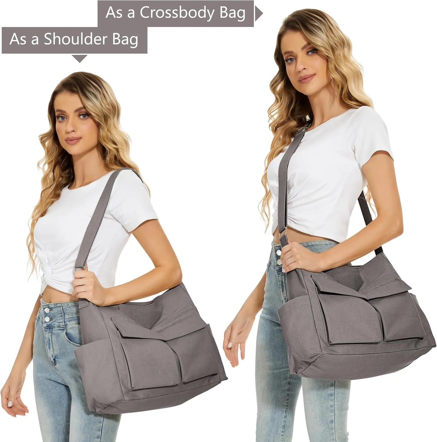 KALIDI Canvas Tote Bag Messenger Bag, Large Crossbody Bag for Women or Men, Casual Canvas Shoulder Bag for College Work Daily