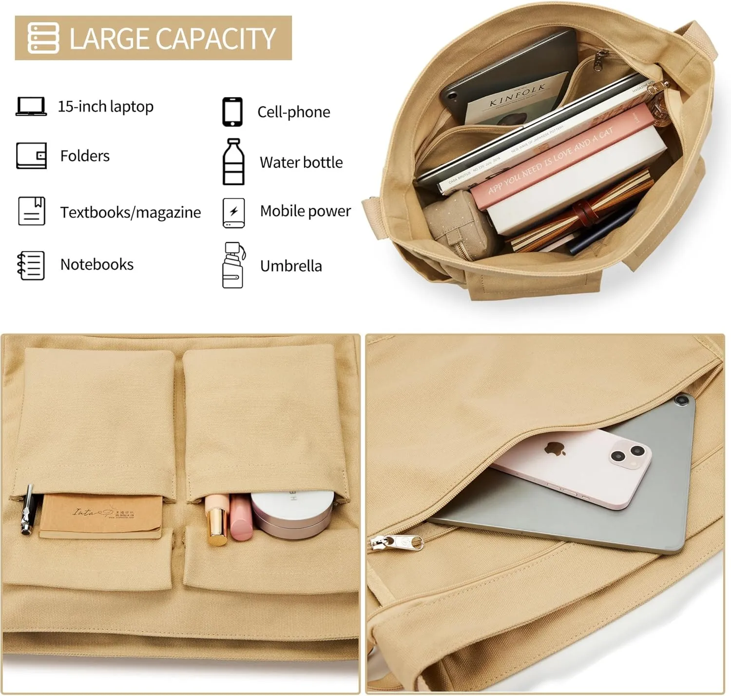 KALIDI Canvas Tote Bag Messenger Bag, Large Crossbody Bag for Women or Men, Casual Canvas Shoulder Bag for College Work Daily