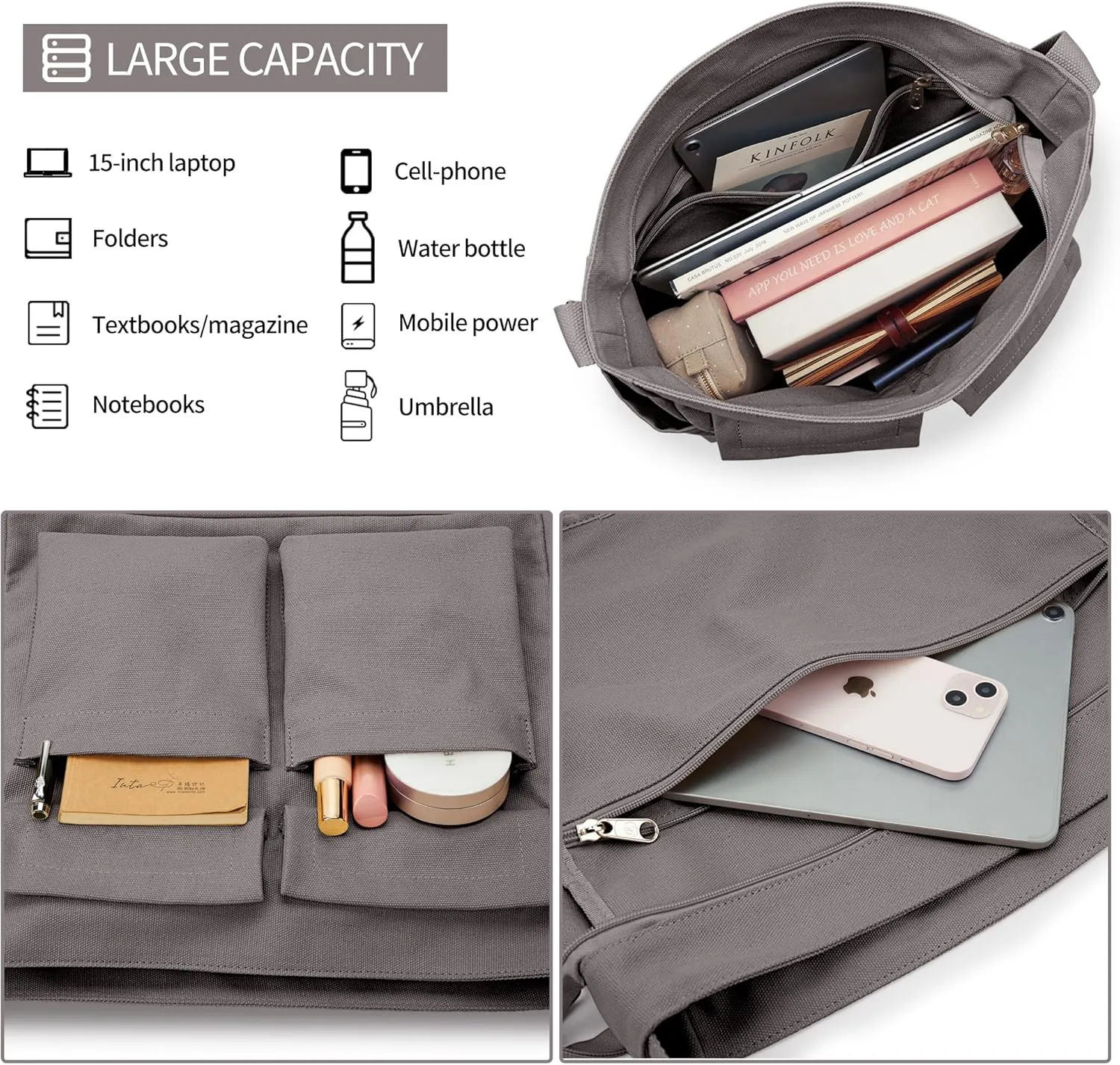 KALIDI Canvas Tote Bag Messenger Bag, Large Crossbody Bag for Women or Men, Casual Canvas Shoulder Bag for College Work Daily