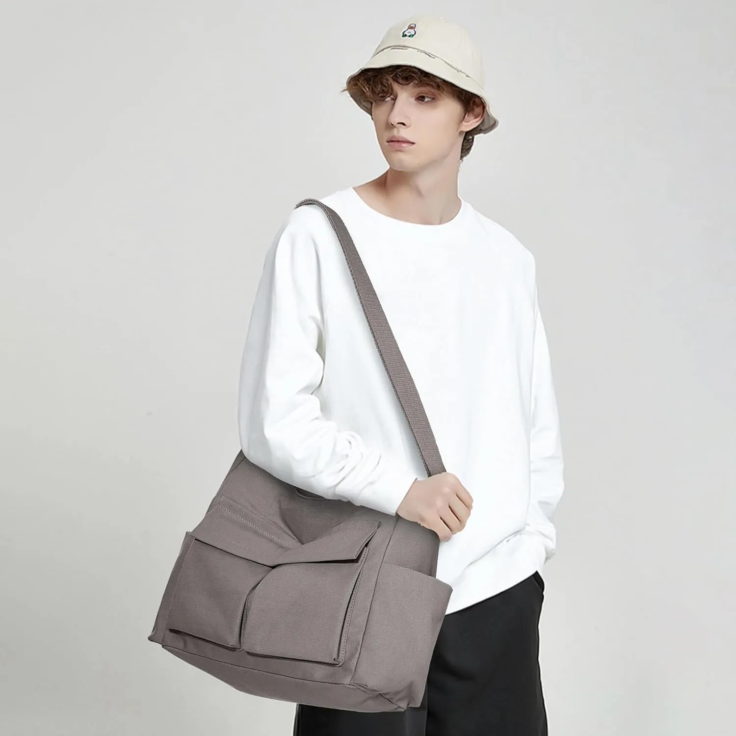 KALIDI Canvas Tote Bag Messenger Bag, Large Crossbody Bag for Women or Men, Casual Canvas Shoulder Bag for College Work Daily