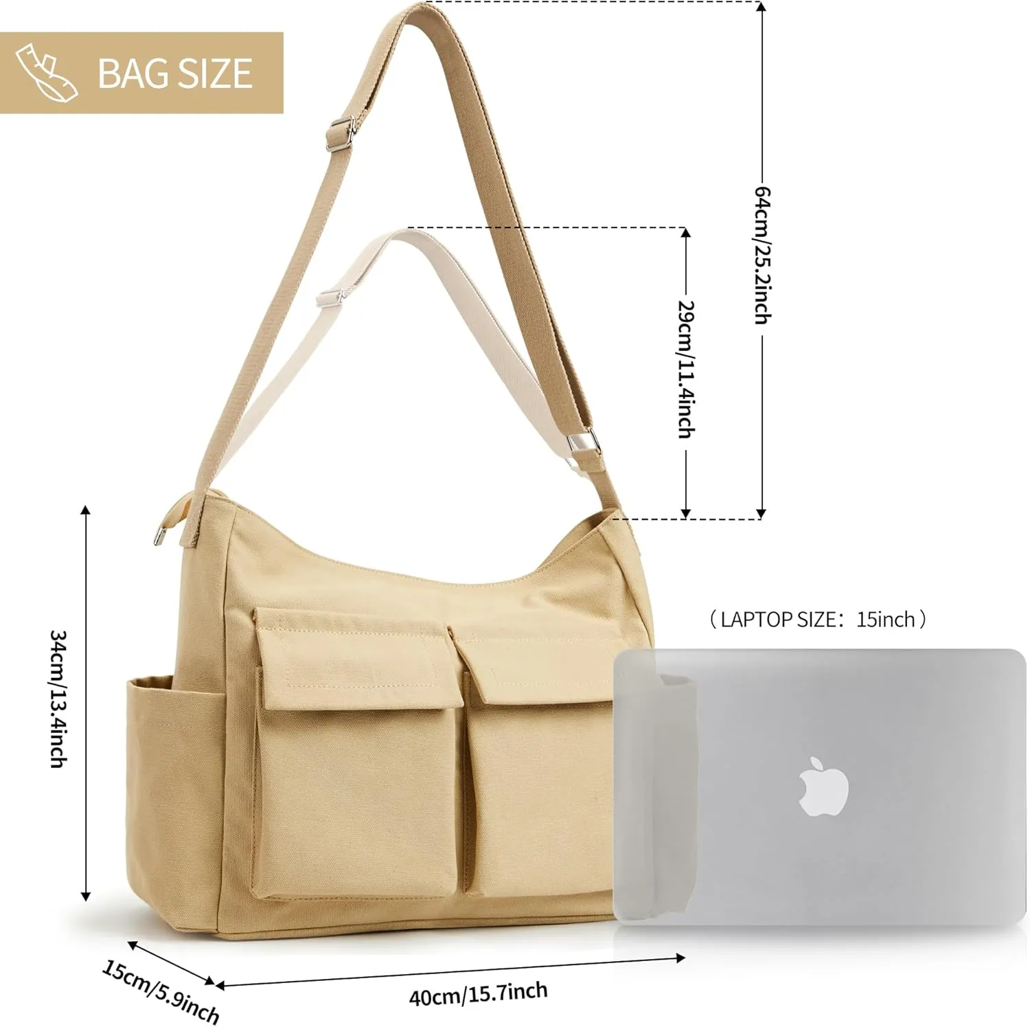 KALIDI Canvas Tote Bag Messenger Bag, Large Crossbody Bag for Women or Men, Casual Canvas Shoulder Bag for College Work Daily