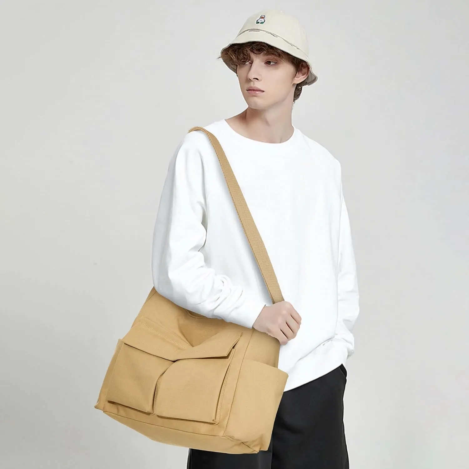 KALIDI Canvas Tote Bag Messenger Bag, Large Crossbody Bag for Women or Men, Casual Canvas Shoulder Bag for College Work Daily
