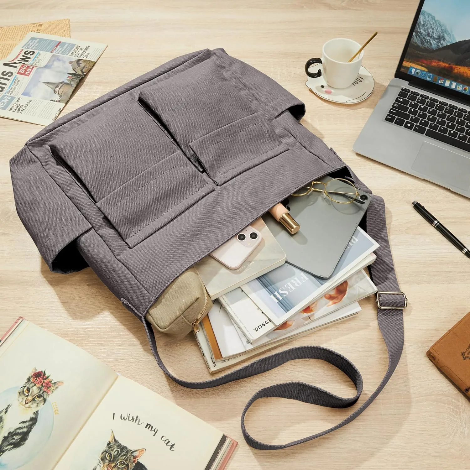 KALIDI Canvas Tote Bag Messenger Bag, Large Crossbody Bag for Women or Men, Casual Canvas Shoulder Bag for College Work Daily