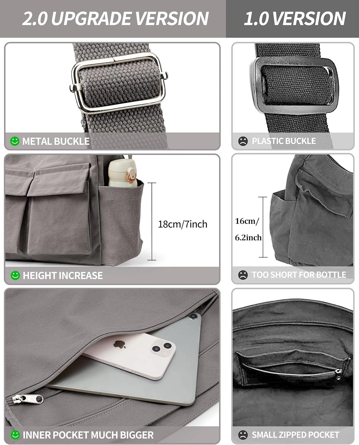 KALIDI Canvas Tote Bag Messenger Bag, Large Crossbody Bag for Women or Men, Casual Canvas Shoulder Bag for College Work Daily