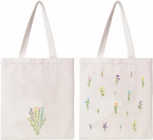 Kazova Floral Cotton Canvas Tote Bag Aesthetic Flower Tote Bag Minimalist Bouquet Reusable Tote Bag With Handles Canvas Shopping Bag Botanical Wildflower Canvas Bag