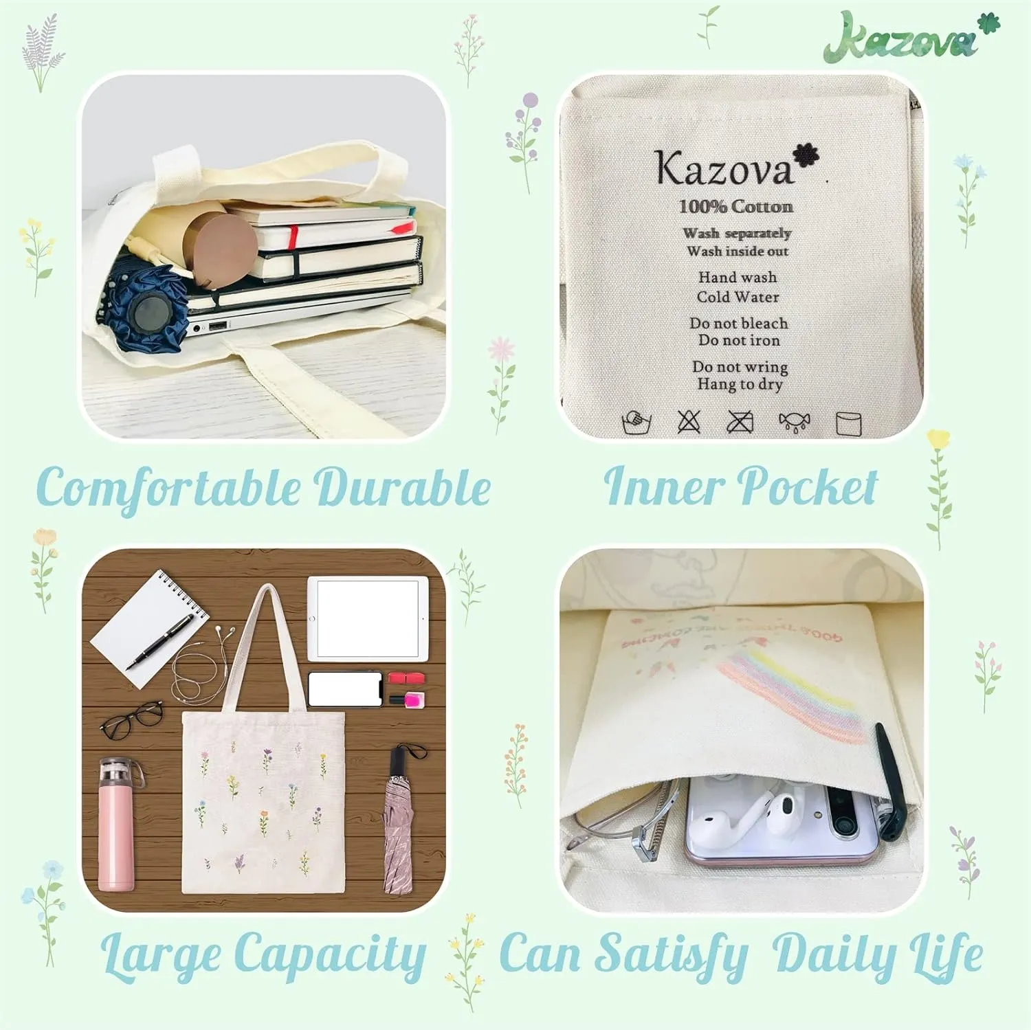 Kazova Floral Cotton Canvas Tote Bag Aesthetic Flower Tote Bag Minimalist Bouquet Reusable Tote Bag With Handles Canvas Shopping Bag Botanical Wildflower Canvas Bag