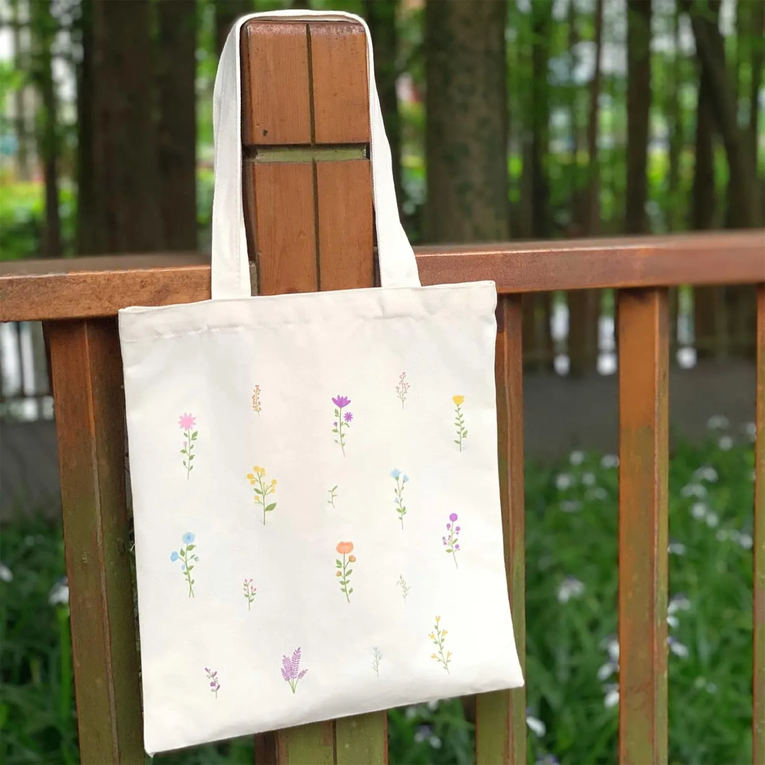 Kazova Floral Cotton Canvas Tote Bag Aesthetic Flower Tote Bag Minimalist Bouquet Reusable Tote Bag With Handles Canvas Shopping Bag Botanical Wildflower Canvas Bag