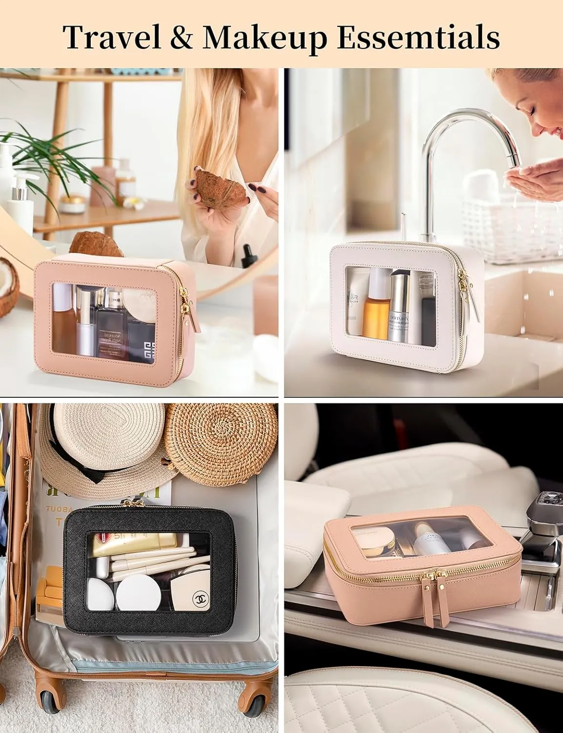 Keains Clear Makeup Bag for Women Cosmetic Organizer Case Transparent Waterproof Travel Toiletry Bag with Zipper Portable Make Up Organizer Traveling Compact Car Bag for Essentials（Pink）