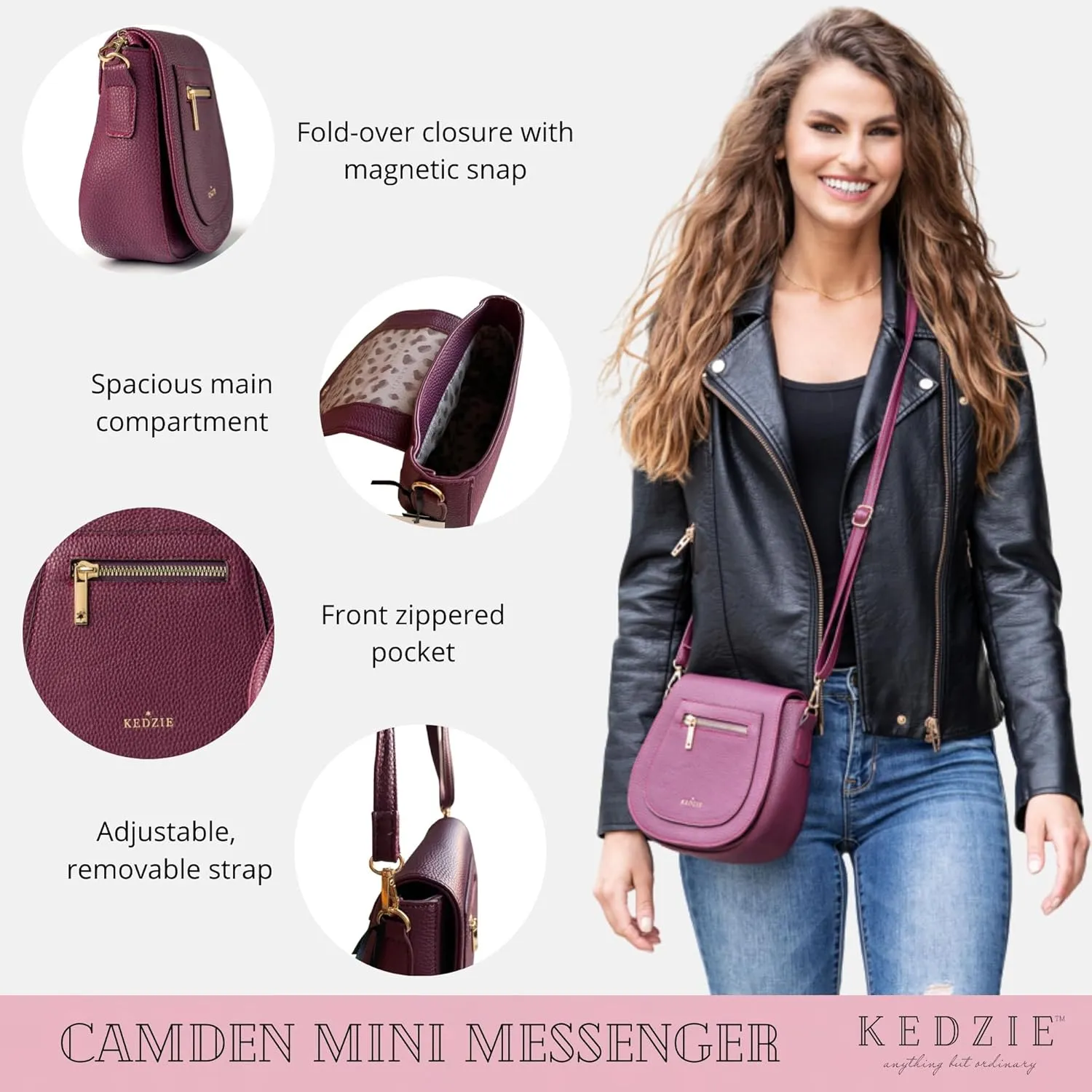 KEDZIE Camden Classic Mini Messenger in Vegan Leather Crossbody Bag Cell Phone Purse for Women
