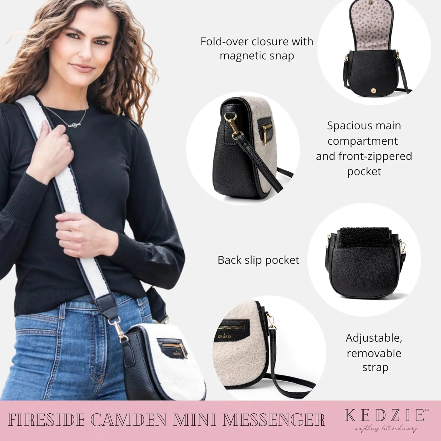 KEDZIE Crossbody Bag for Women Mini Messenger in Vegan Leather Faux Shearling Handbag Shoulder Bag Adjustable Strap