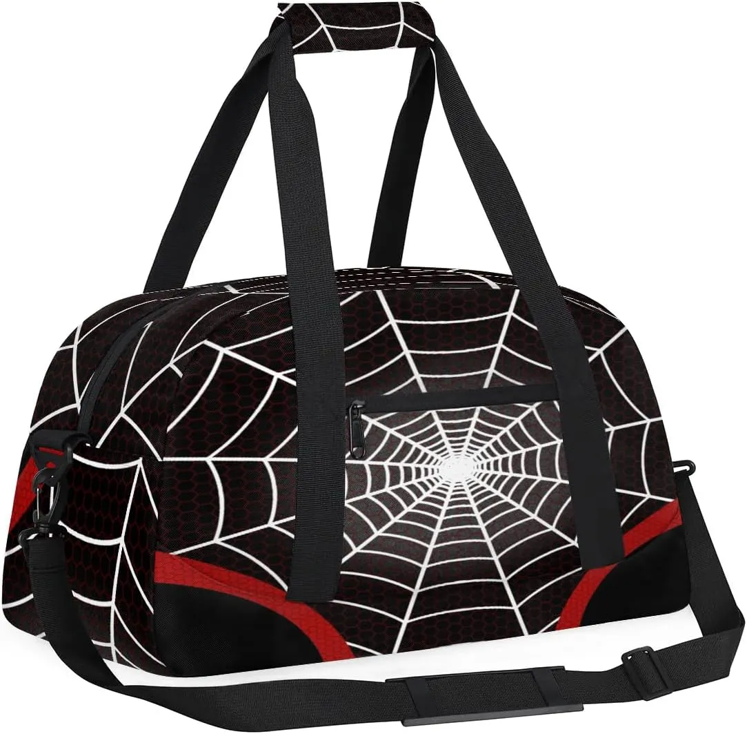 Kids Overnighter Duffel Bags for Boys Girls, Black Spider Web Carry-On Size Sports Gym Bag for School Practice or Overnight Travel Weekender Sleepover Workout Tote Bag