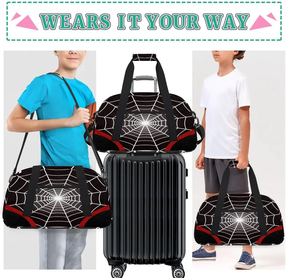 Kids Overnighter Duffel Bags for Boys Girls, Black Spider Web Carry-On Size Sports Gym Bag for School Practice or Overnight Travel Weekender Sleepover Workout Tote Bag