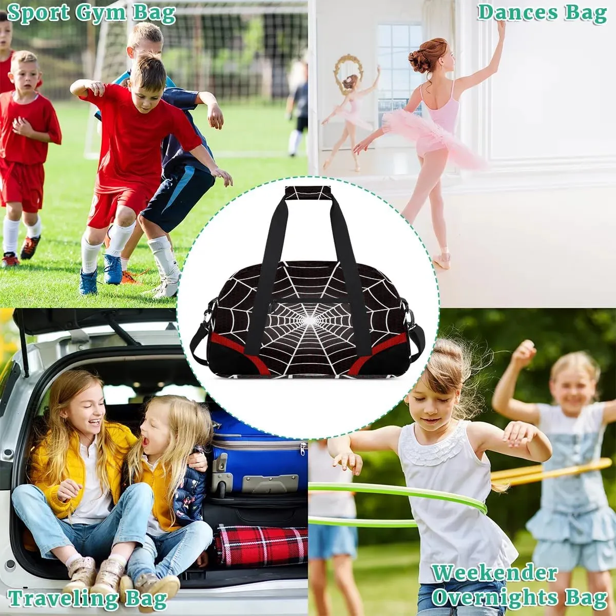 Kids Overnighter Duffel Bags for Boys Girls, Black Spider Web Carry-On Size Sports Gym Bag for School Practice or Overnight Travel Weekender Sleepover Workout Tote Bag