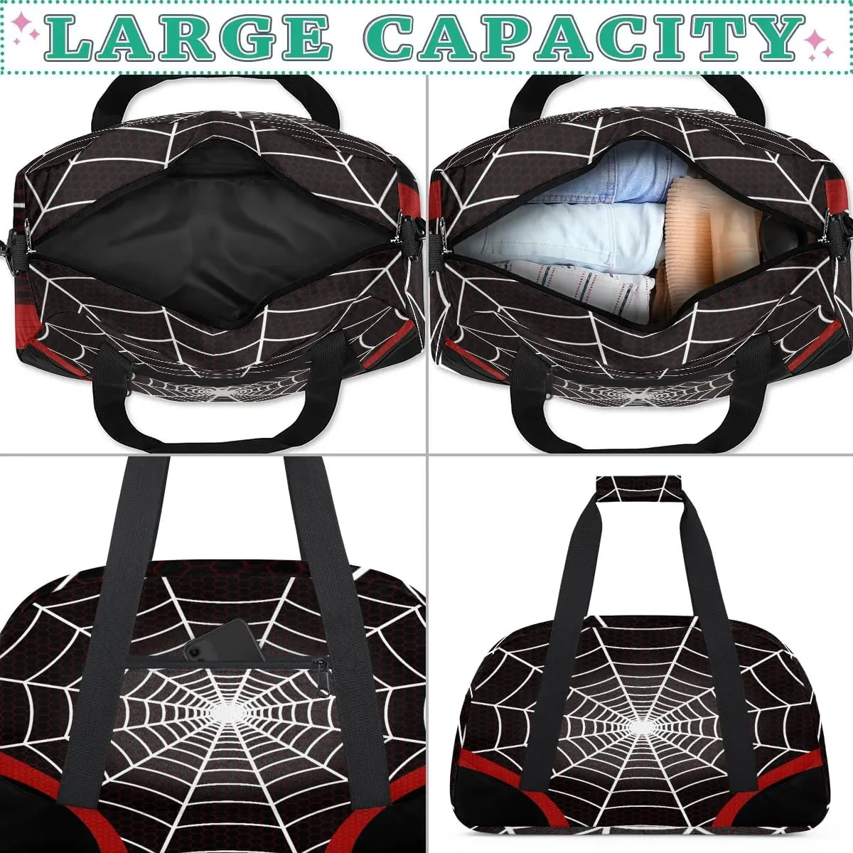 Kids Overnighter Duffel Bags for Boys Girls, Black Spider Web Carry-On Size Sports Gym Bag for School Practice or Overnight Travel Weekender Sleepover Workout Tote Bag
