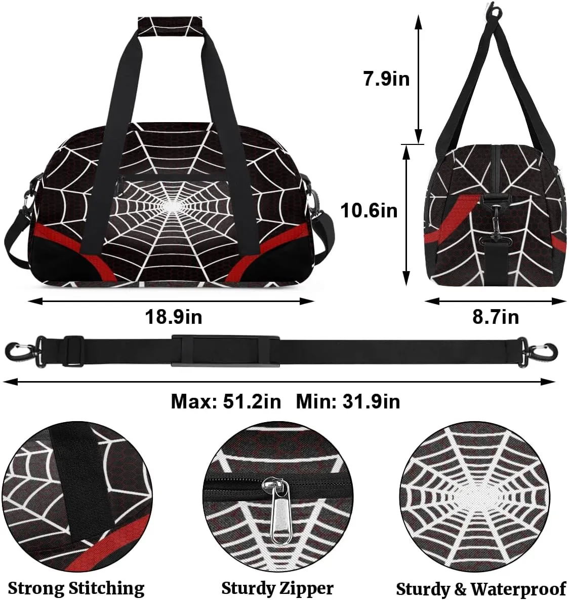 Kids Overnighter Duffel Bags for Boys Girls, Black Spider Web Carry-On Size Sports Gym Bag for School Practice or Overnight Travel Weekender Sleepover Workout Tote Bag