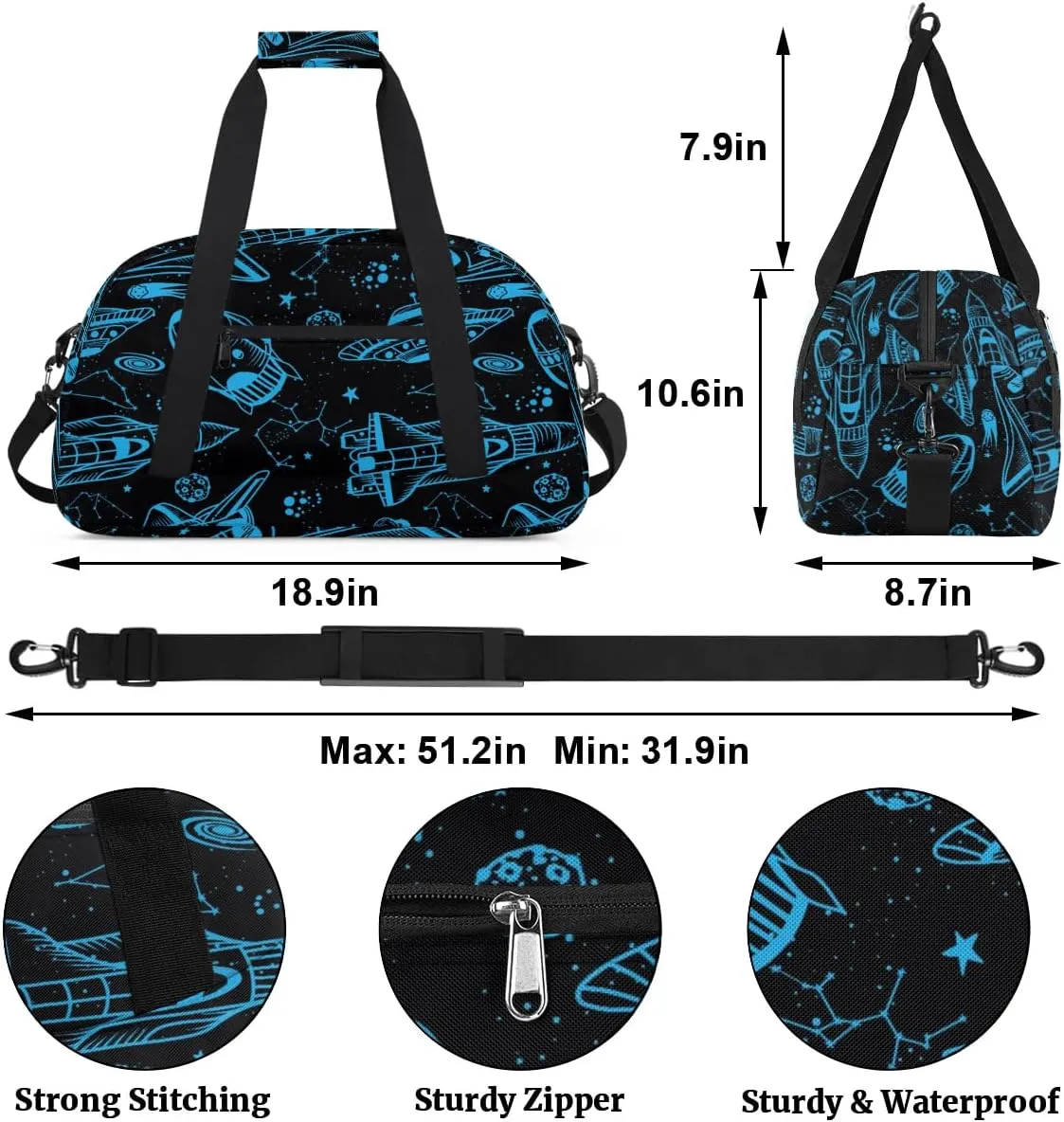 Kids Overnighter Duffel Bags for Boys Girls, Blue Rocket Spaceship Carry-On Size Sports Gym Bag for School Practice or Overnight Travel Weekender Sleepover Workout Tote Bag