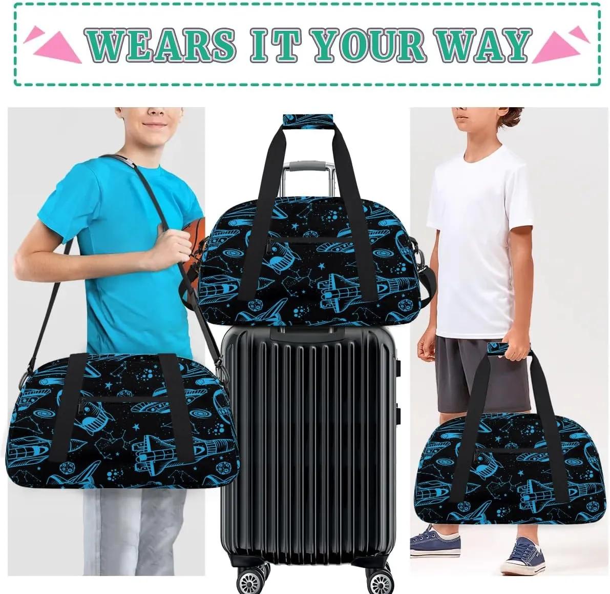 Kids Overnighter Duffel Bags for Boys Girls, Blue Rocket Spaceship Carry-On Size Sports Gym Bag for School Practice or Overnight Travel Weekender Sleepover Workout Tote Bag