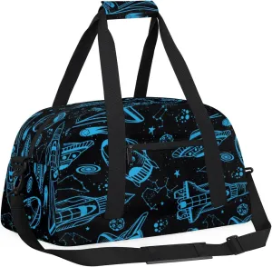 Kids Overnighter Duffel Bags for Boys Girls, Blue Rocket Spaceship Carry-On Size Sports Gym Bag for School Practice or Overnight Travel Weekender Sleepover Workout Tote Bag