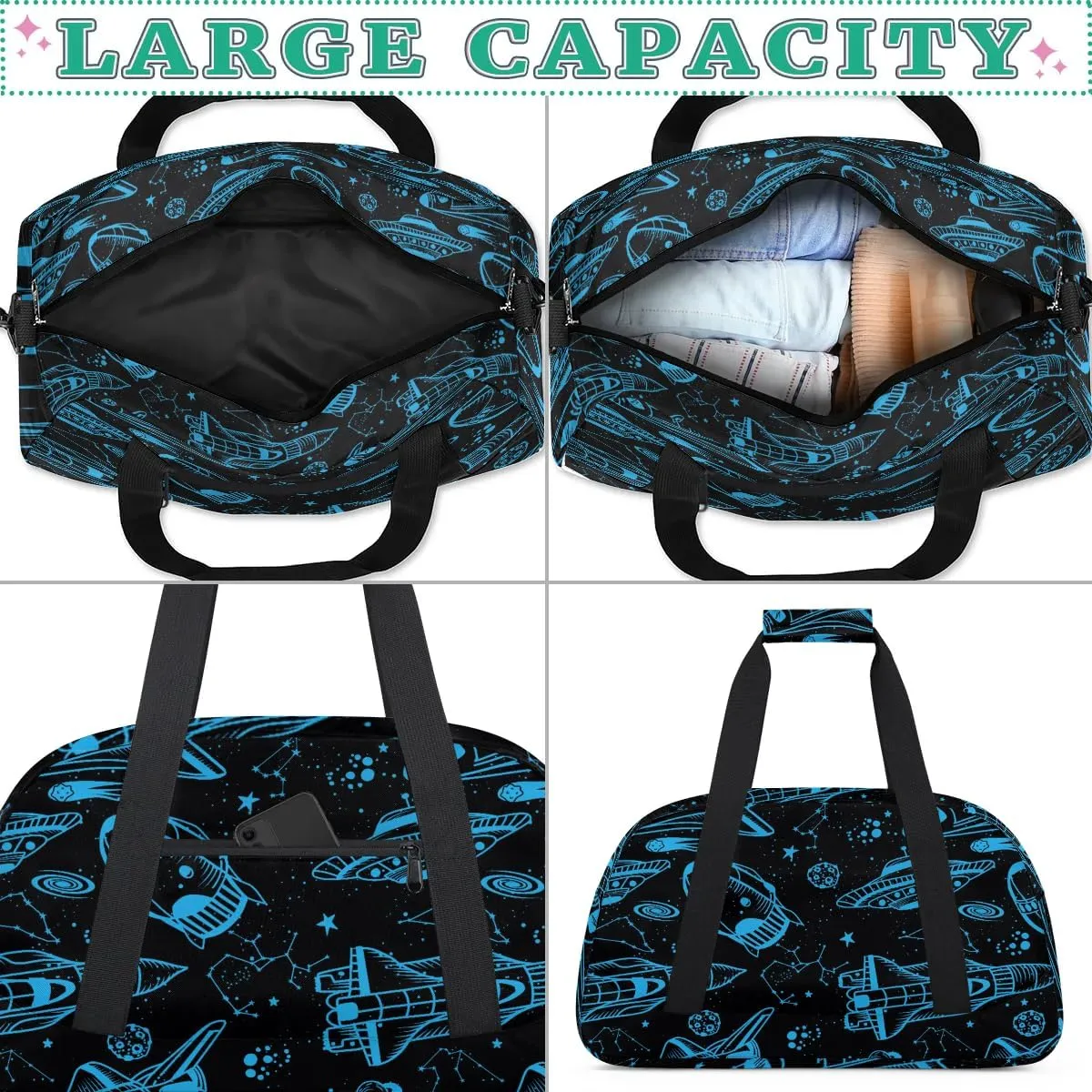 Kids Overnighter Duffel Bags for Boys Girls, Blue Rocket Spaceship Carry-On Size Sports Gym Bag for School Practice or Overnight Travel Weekender Sleepover Workout Tote Bag