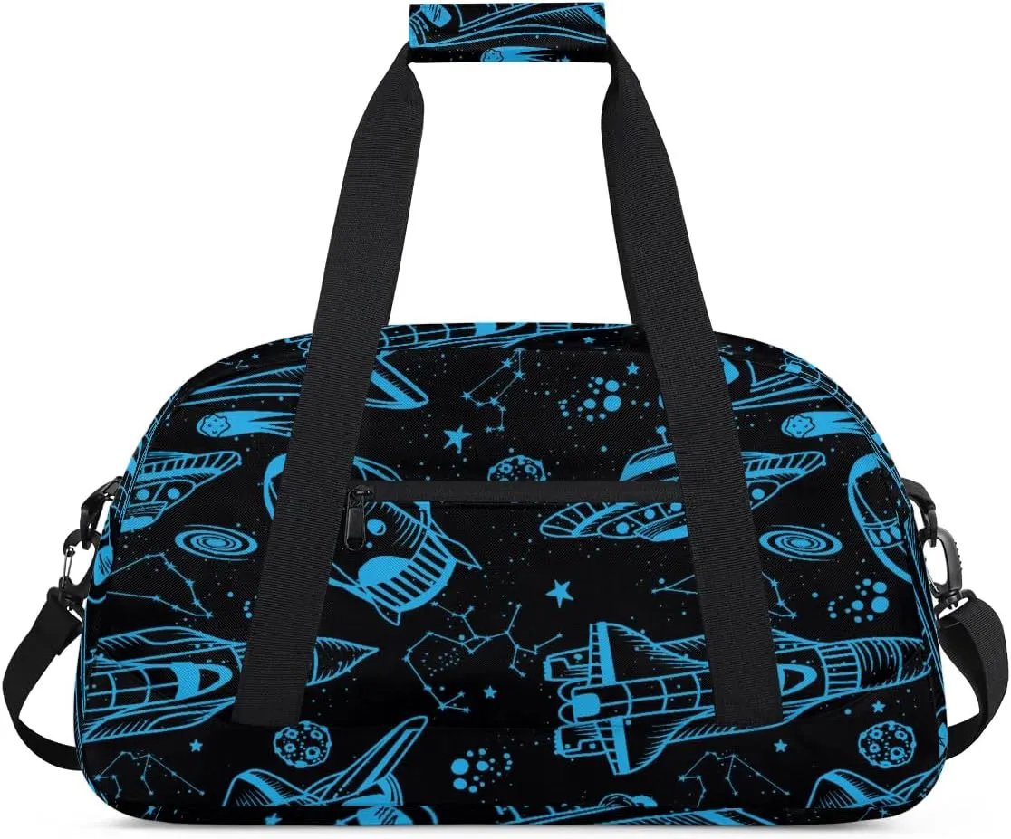 Kids Overnighter Duffel Bags for Boys Girls, Blue Rocket Spaceship Carry-On Size Sports Gym Bag for School Practice or Overnight Travel Weekender Sleepover Workout Tote Bag