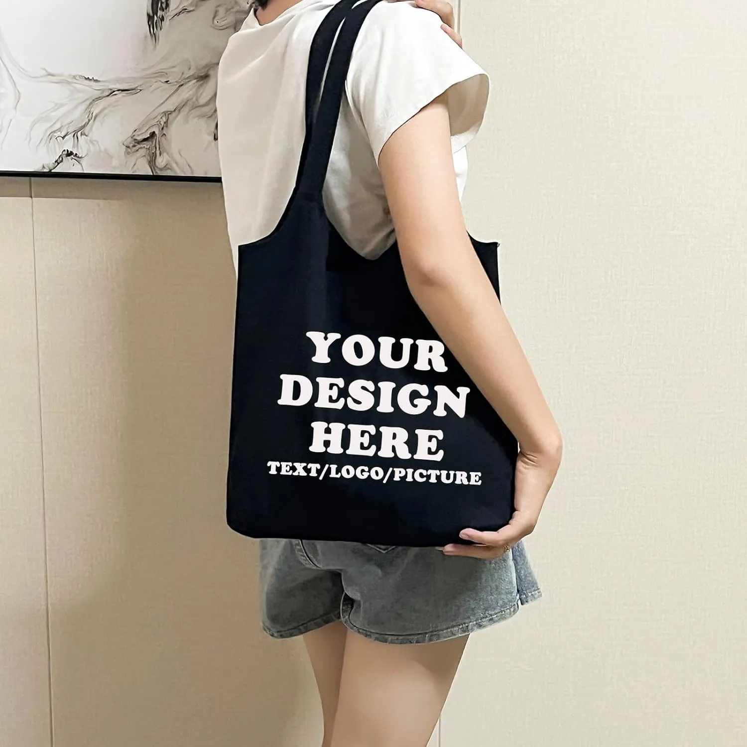 KIEKIECOO Canvas Tote Bag Black Aesthetic Personalized Custom Reusable Grocery Bags Floral Line Art Shopping Shoulder Bag