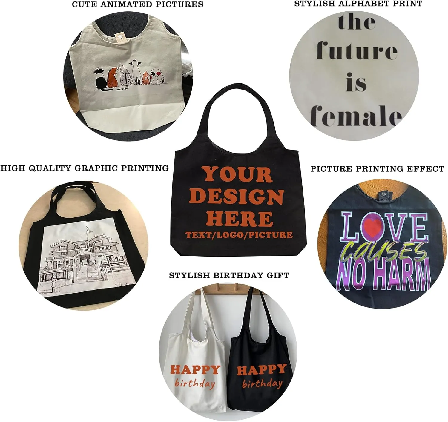 KIEKIECOO Canvas Tote Bag Black Aesthetic Personalized Custom Reusable Grocery Bags Floral Line Art Shopping Shoulder Bag