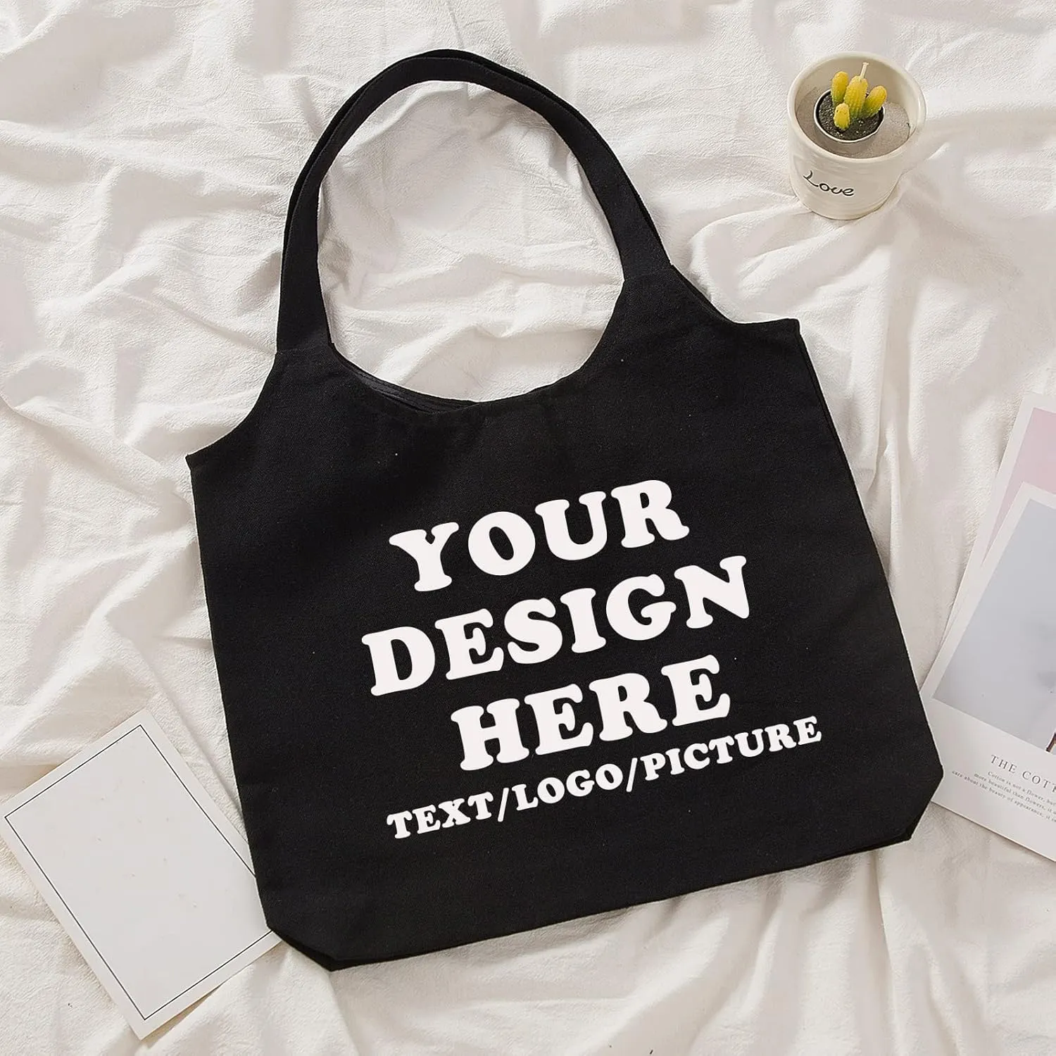 KIEKIECOO Canvas Tote Bag Black Aesthetic Personalized Custom Reusable Grocery Bags Floral Line Art Shopping Shoulder Bag