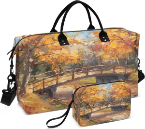 Kigai Autumn Falling Leaves Small Bridge Travel Duffel Bags 2PCS,Sports Duffel Bags for Men Women,Weekender Overnight Bag Gym Tote Bag with Toiletry Bag