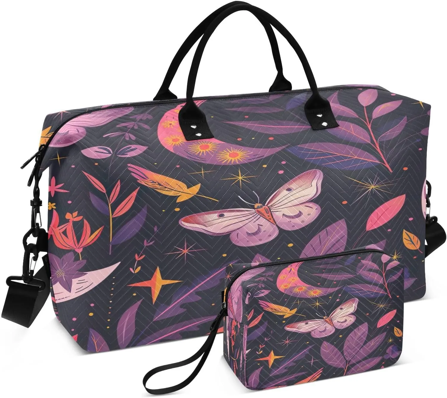 Kigai beautiful Moth and Moon Travel Duffel Bags 2PCS,Sports Duffel Bags for Men Women,Weekender Overnight Bag Gym Tote Bag with Toiletry Bag