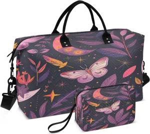 Kigai beautiful Moth and Moon Travel Duffel Bags 2PCS,Sports Duffel Bags for Men Women,Weekender Overnight Bag Gym Tote Bag with Toiletry Bag
