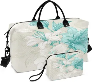 Kigai Beautiful White Lilies Travel Duffel Bags 2PCS,Sports Duffel Bags for Men Women,Weekender Overnight Bag Gym Tote Bag with Toiletry Bag
