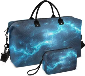 Kigai Blue Lightning Foldable Travel Duffel Bags,Sports Duffel Bags for Men Women,Weekender Overnight Bag Gym Tote Bag with Toiletry Bag
