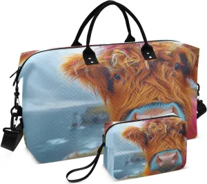 Kigai Colorful Cute Highland Cattle Travel Duffel Bags 2PCS,Sports Duffel Bags for Men Women,Weekender Overnight Bag Gym Tote Bag with Toiletry Bag