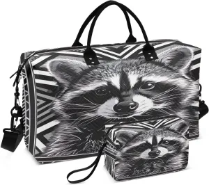 Kigai Cute Raccoon Foldable Travel Duffel Bags,Sports Duffel Bags for Men Women,Weekender Overnight Bag Gym Tote Bag with Toiletry Bag