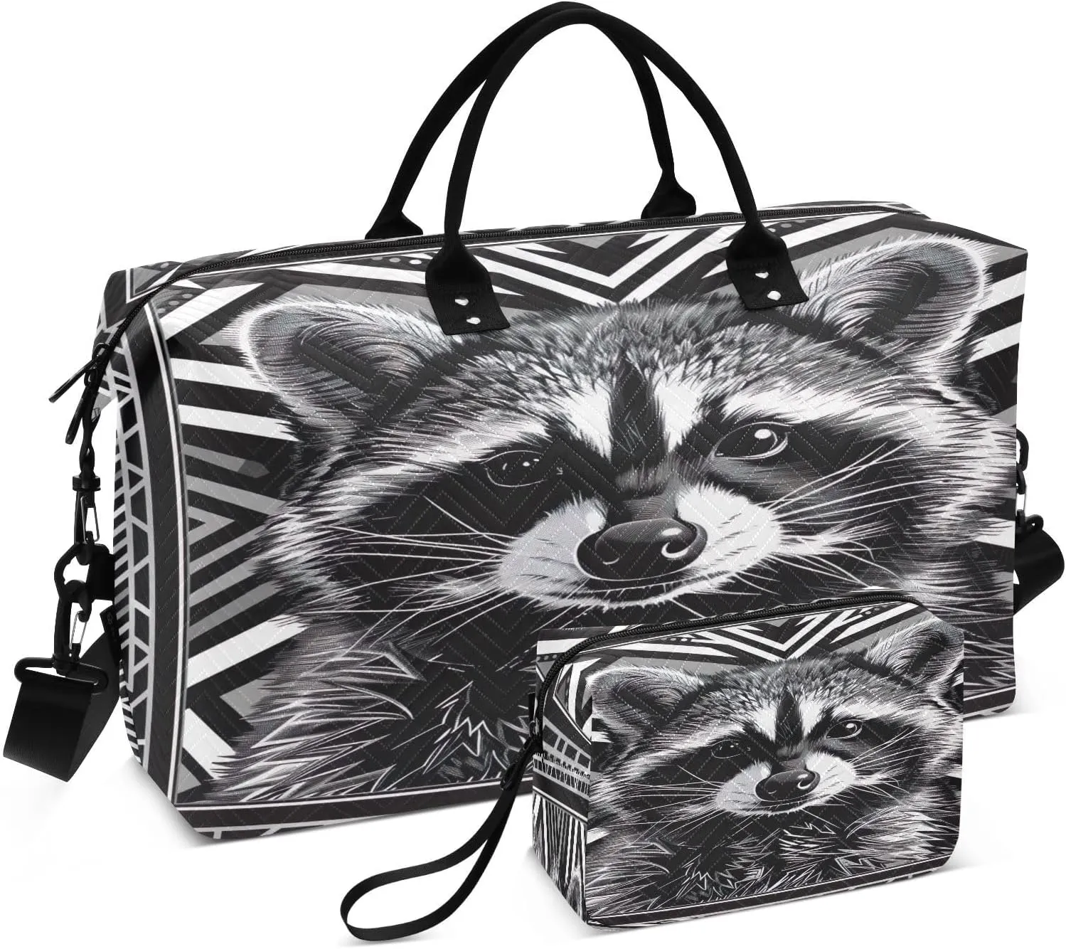 Kigai Cute Raccoon Foldable Travel Duffel Bags,Sports Duffel Bags for Men Women,Weekender Overnight Bag Gym Tote Bag with Toiletry Bag