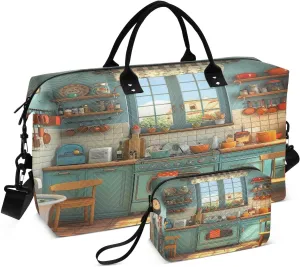 Kigai Foldable Travel Duffel Bags,Exquisite Cartoon Kitchen Sports Duffel Bags for Men Women,Weekender Overnight Bag Gym Tote Bag with Toiletry Bag