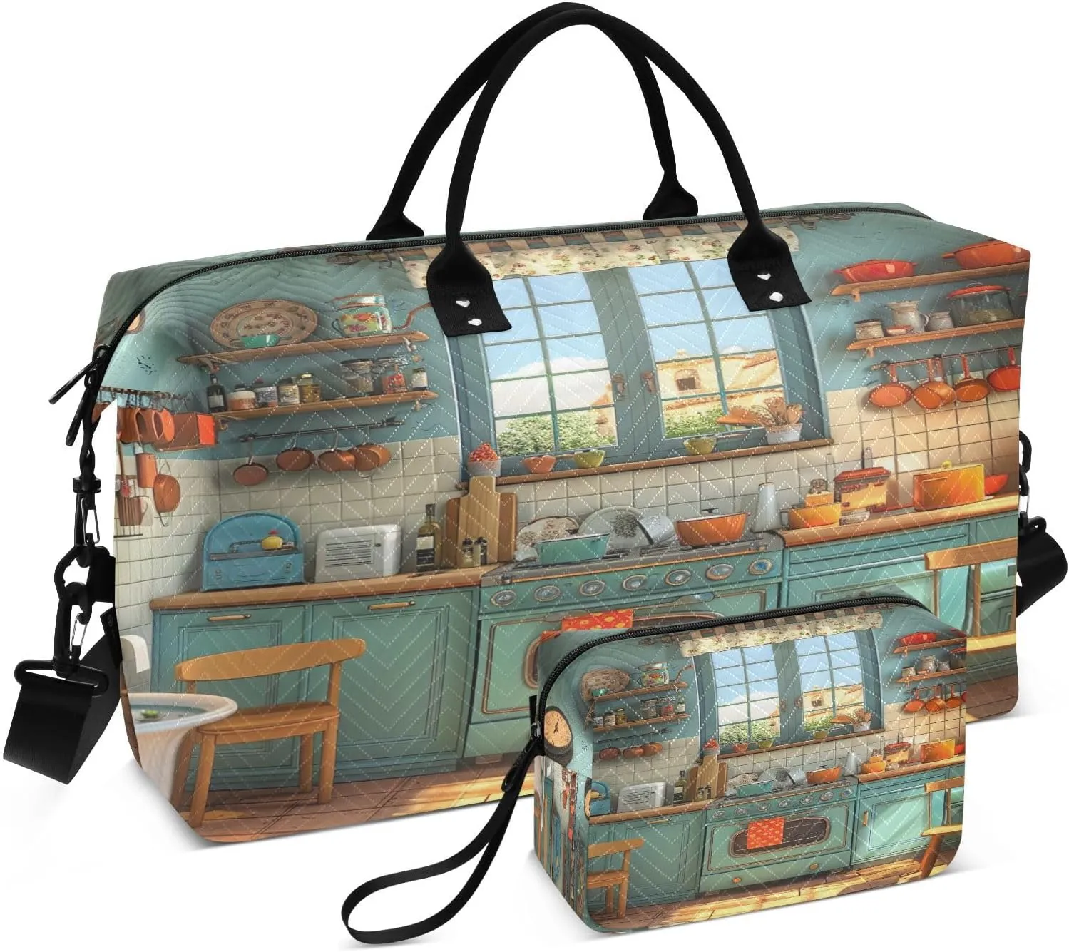 Kigai Foldable Travel Duffel Bags,Exquisite Cartoon Kitchen Sports Duffel Bags for Men Women,Weekender Overnight Bag Gym Tote Bag with Toiletry Bag
