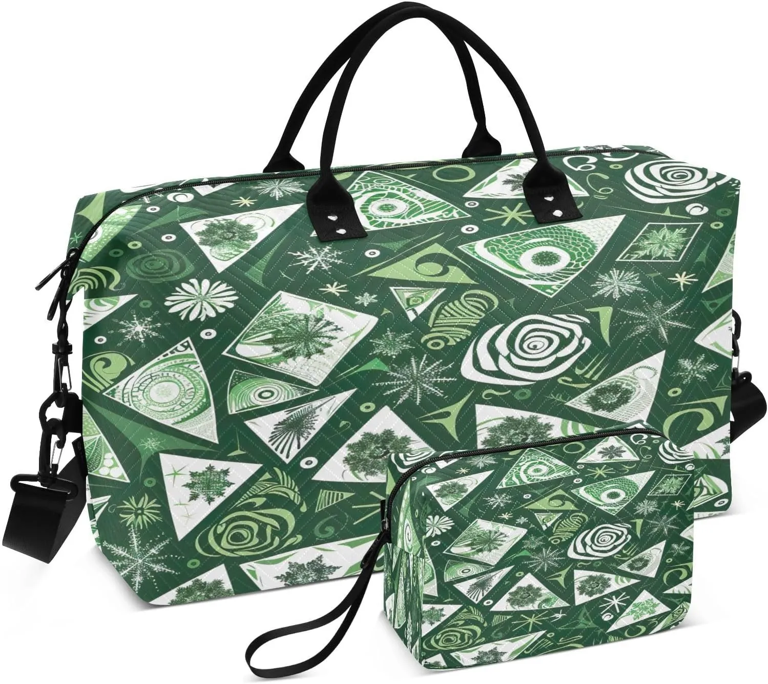 Kigai Green Rotating Flowers Travel Duffel Bags 2PCS,Sports Duffel Bags for Men Women,Weekender Overnight Bag Gym Tote Bag with Toiletry Bag