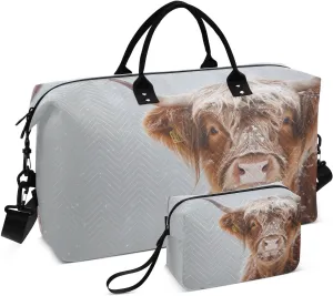 Kigai Snow Brown Highland Cattle Travel Duffel Bags 2PCS,Sports Duffel Bags for Men Women,Weekender Overnight Bag Gym Tote Bag with Toiletry Bag