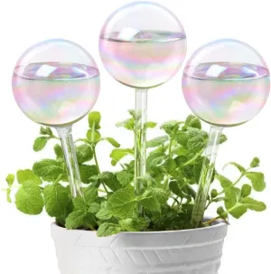 KiKiHeim Plant Watering Globes Self Watering Planter Insert System Spikes, 6.4oz/190ml Capacity Hand Blown Iridescent Clear Glass Automatic Waterer Bulbs for Outdoor Indoor Plants, 3Pcs