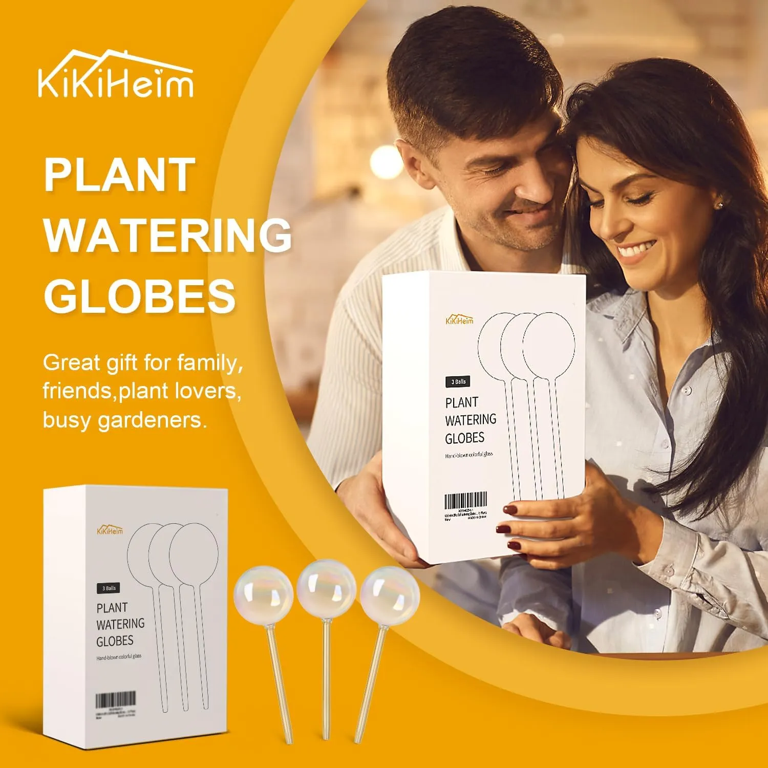 KiKiHeim Plant Watering Globes Self Watering Planter Insert System Spikes, 6.4oz/190ml Capacity Hand Blown Iridescent Clear Glass Automatic Waterer Bulbs for Outdoor Indoor Plants, 3Pcs