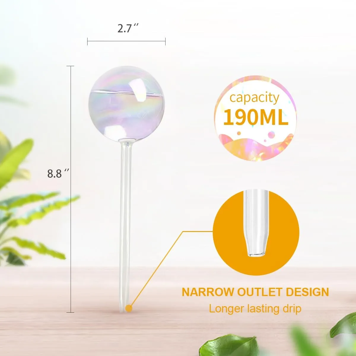 KiKiHeim Plant Watering Globes Self Watering Planter Insert System Spikes, 6.4oz/190ml Capacity Hand Blown Iridescent Clear Glass Automatic Waterer Bulbs for Outdoor Indoor Plants, 3Pcs