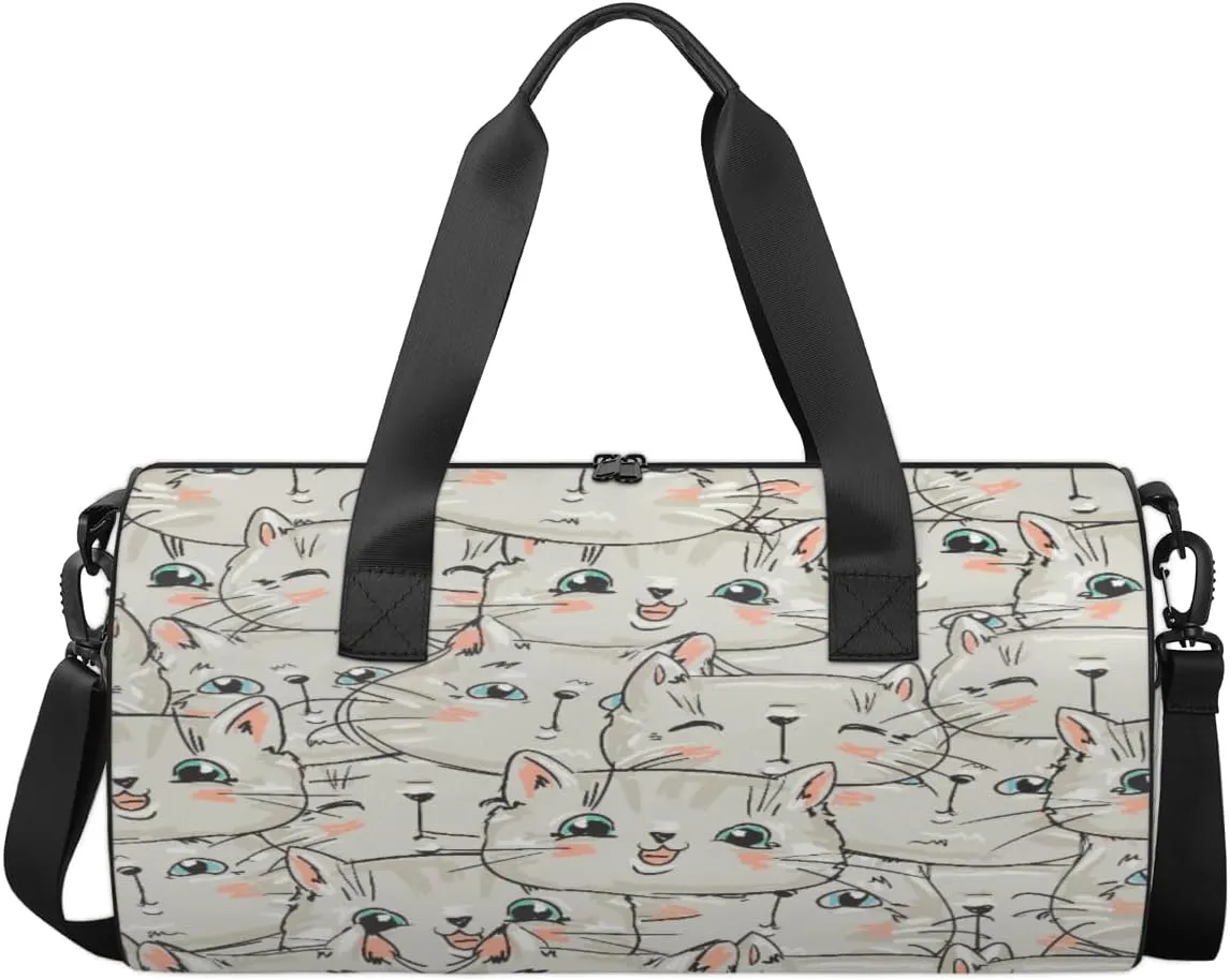 Kitten Cute Sketch Sports Duffel Bag, Gym Tote Bag Waterproof Weekender Travel Bag for Overnight Travel Luggage Workout Women Men
