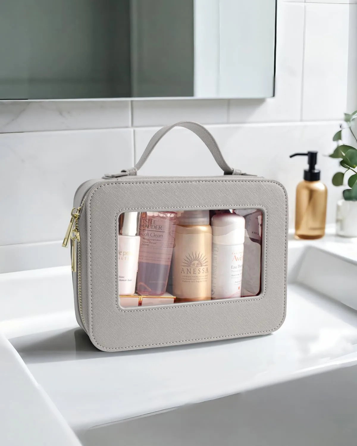 KOTORA Clear Makeup Bag Organizer, Portable Travel Toiletry Bag TSA Approved Toiletry Bag with Handle Large Opening Fit Carry-on Travel Essential Car Accessories for Women Girls (Grey)