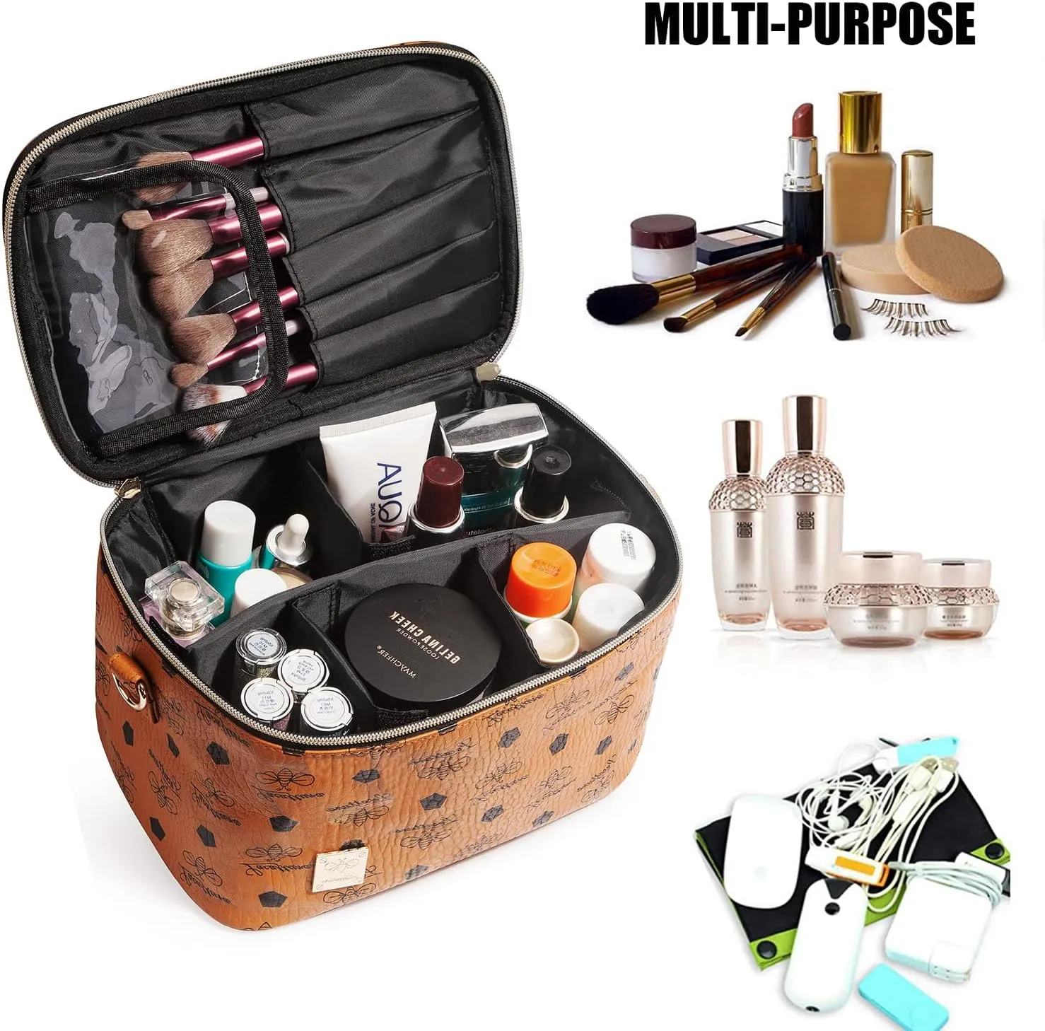 LACATTURA Travel Makeup Bag for Women, Leather Toiletry Bag, Cosmetic Case with Adjustable Divider, Portable Make Up Organizer, Brush Holder with Shoulder Strap, Storage Bags for Girls Brown, M